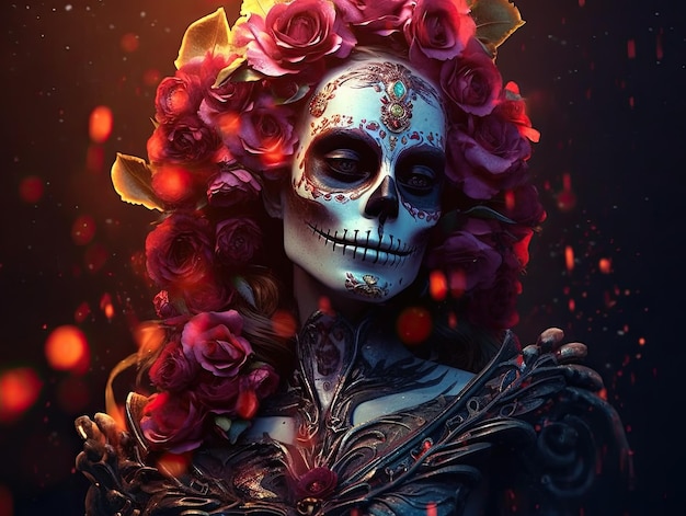 Festa mexicana dos mortos e Halloween Mulher com maquiagem de crânio de açúcar e flores