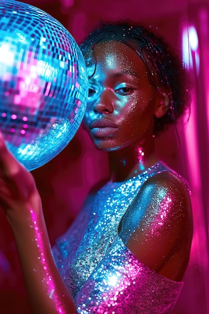 Festa mulher com rosto rosa é coberta em fluidos segurando brilhante discoteca bola festa glitter vestido no estilo de futurista sci-fi estética ai gerado retratos hiperrealistas estilo aurorapunk