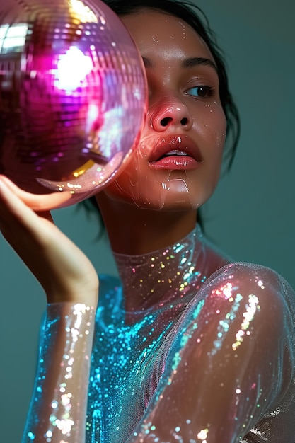 Festa mulher com rosto rosa é coberta em fluidos segurando brilhante discoteca bola festa glitter vestido no estilo de futurista sci-fi estética ai gerado retratos hiperrealistas estilo aurorapunk