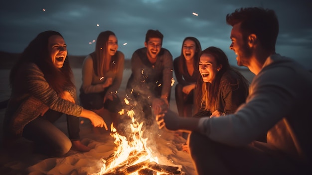 Festa na fogueira na praia com amigos