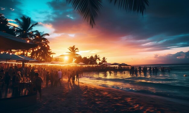 Festa na praia animada com IA generativa de foliões borrados