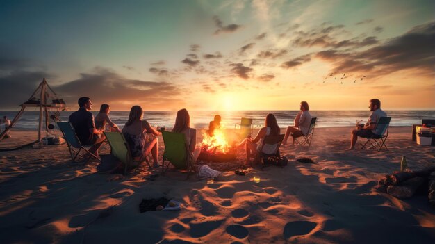 Foto festa na praia ao pôr-do-sol com fogueira verde claro e preta