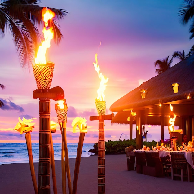Festa na praia do luau do Havaí ao pôr do sol Tochas tiki havaianas acesas com fogo no restaurante do hotel resort de luxo