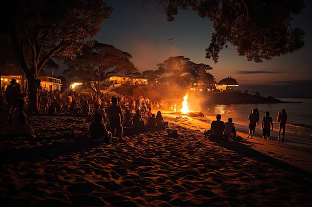 Festa noturna na praia com dança e fogueiras IA generativa