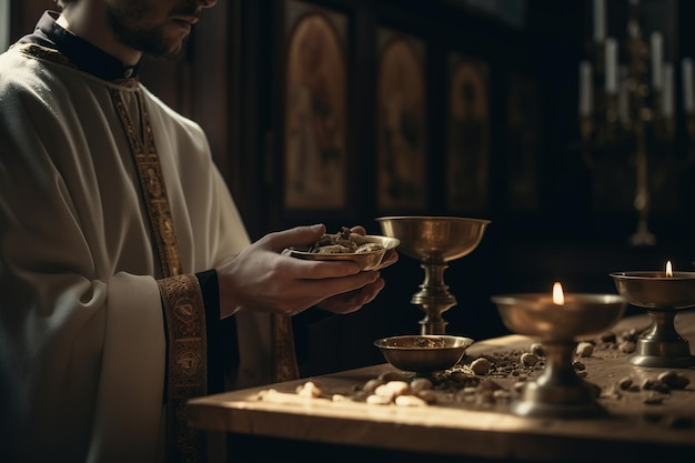 Festa Religiosa de Corpus Christi Santa Ceia na Igreja Tomando Santo Sacerdote celebra missa na Igreja Taça com pão de vinho tinto Eucaristia Cristão Católico reza Santo Graal