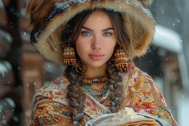 Festa religiosa dos eslavos Maslenitsa Mulheres vestidas com trajes tradicionais russos fazem panquecas e tratam todos