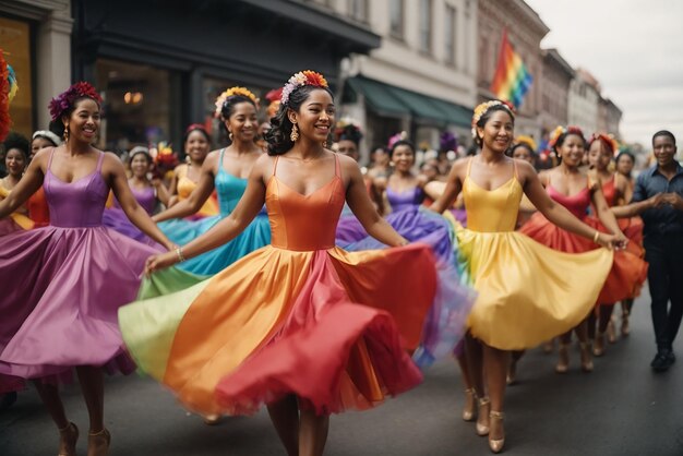 Festas colombianas Um grupo de dançarinos está dançando em um desfile um deles tem um vestido de arco-íris