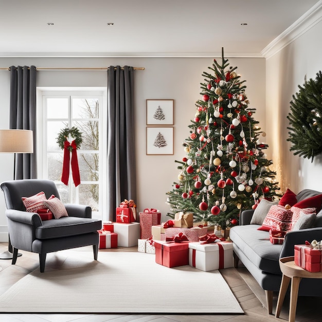 Festas de Natal elegantes na sala de estar de uma casa de família com decorações de Natal