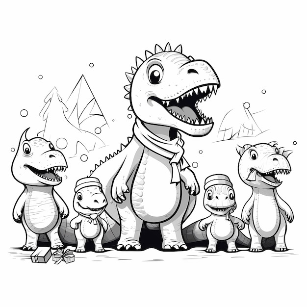 Festiva diversión prehistórica dibujos animados en blanco y negro Dinosaurios de Navidad Página para colorear