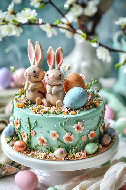 Festivais de Primavera Incorporaram um magnífico bolo de Páscoa decorado com bonitas figuras de coelhinhos