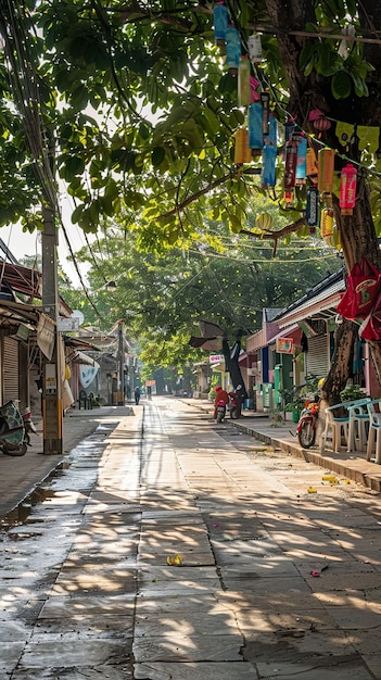 Festivais de Songkran manhãs tranquilas ruas à espera dos dias festivos