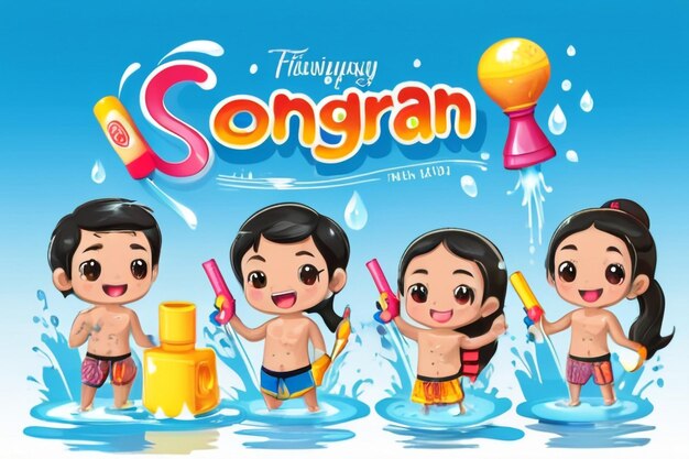 Festival de agua de Songkran, Tailandia, diseño con pistola de agua y gota de agua del alfabeto tailandés