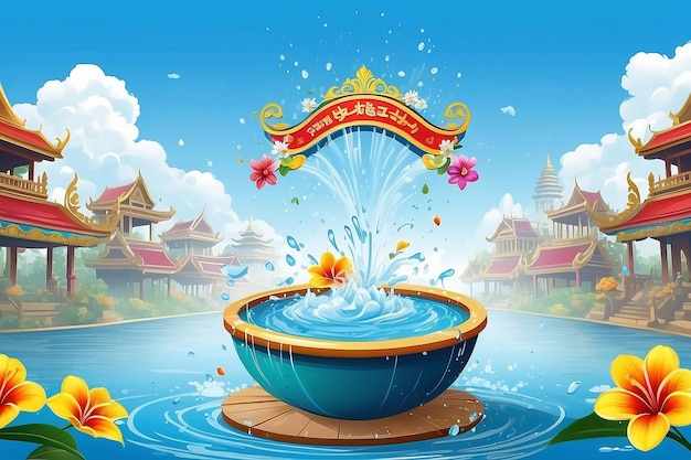 El festival del agua de Songkran viaja a Tailandia flores en un cuenco de agua salpicando agua