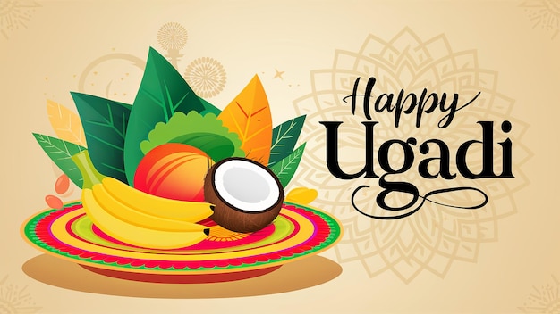 Festival del Año Nuevo indio Ugadi o Gudi Padwa ilustración con Kalash y comida tradicional