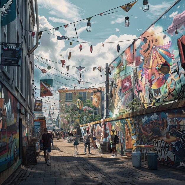 Festival de arte callejero colorido en el paisaje urbano de verano con personas caminando por edificios altos