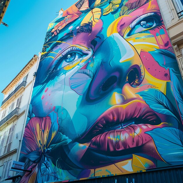 Festival de arte callejero de Montpellier Creatividad urbana Mural de la cara de la mujer en el edificio