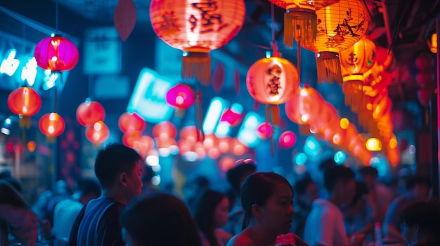 Festival asiático ciudad de noche de neón Festival de año nuevo chino Mucha gente en Chinatown