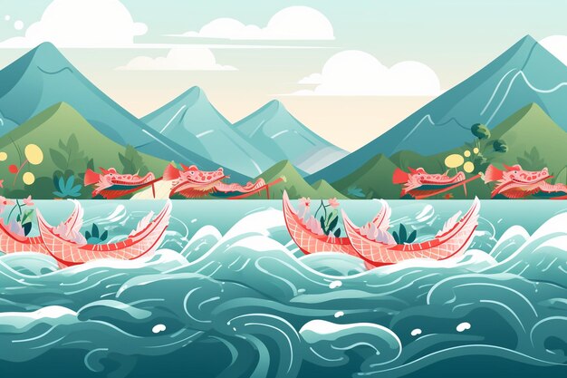 Festival de barcos dragón personas compitiendo con barcos dragón en el río con olas y zongzi en el fondo