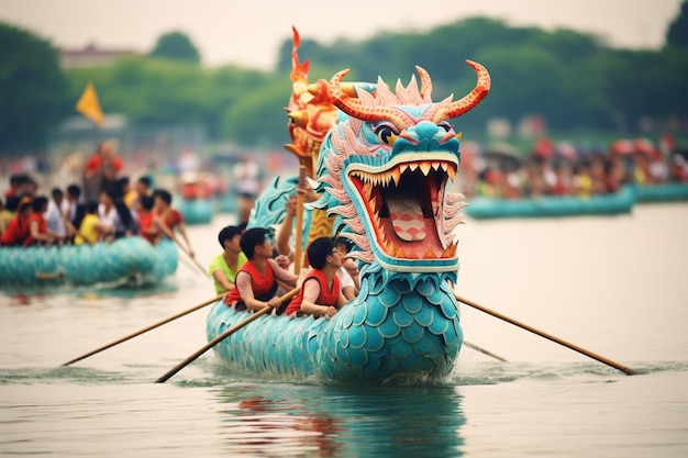 Festival de barcos dragón personas compitiendo con barcos dragón en el río con olas y zongzi en el fondo