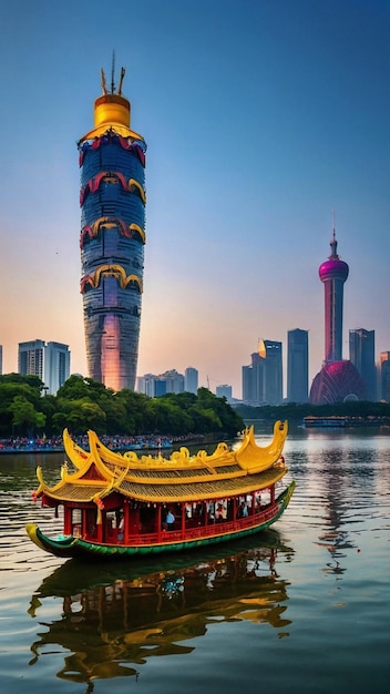 Festival de los barcos dragón Torre de Guangzhou durante el Festival
