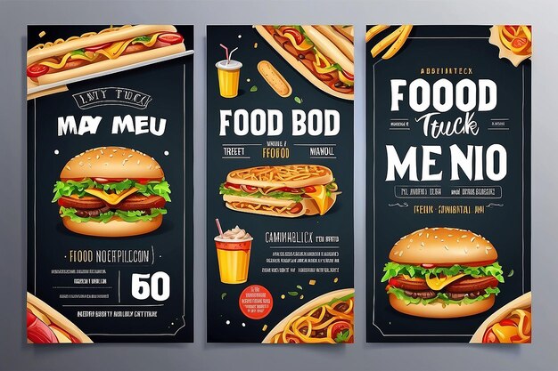 Foto festival de camiones de comida plantilla de folleto de comida rápida volante de menú de comida vectorial menú de festival de comida callejera