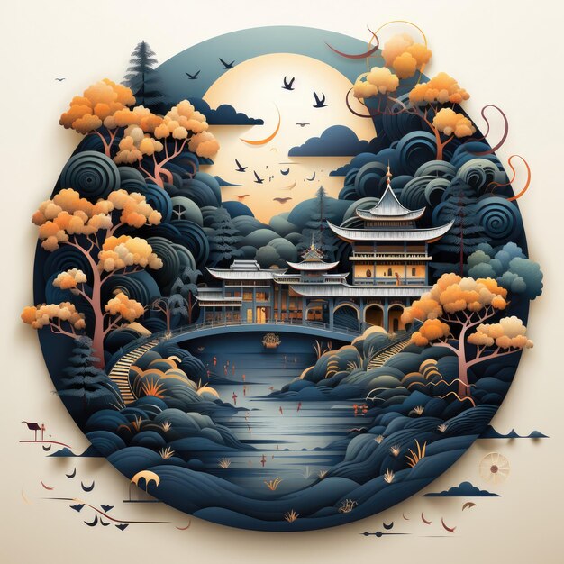 Festival chinês do meio do outono com elementos chineses em fundo
