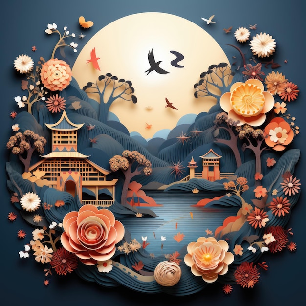 Festival chinês do meio do outono com elementos chineses em fundo