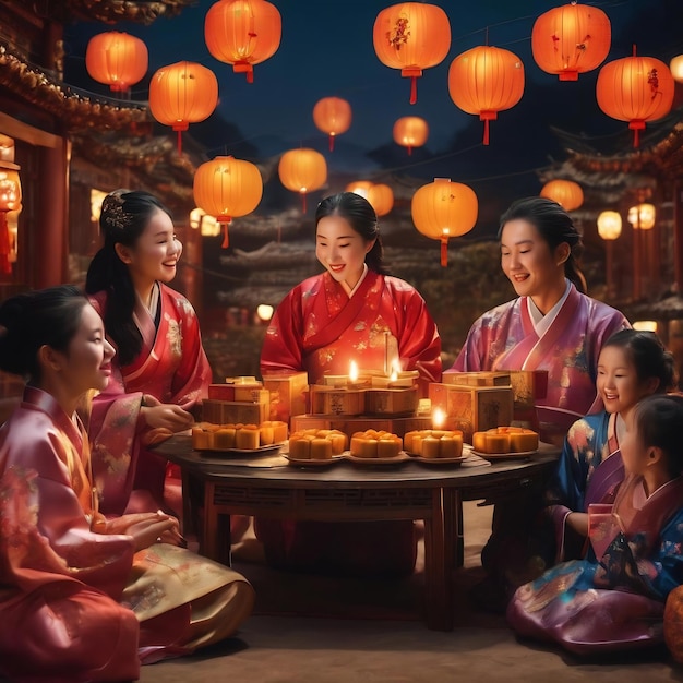 Festival chino la familia se reunió para el festival de mediados de otoño disfrutando de pasteles de luna