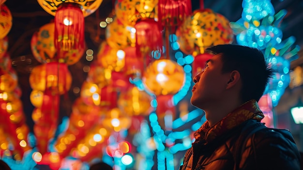 Foto festival chino joven en la ciudad de noche con iluminación de neón retrato en chinatown