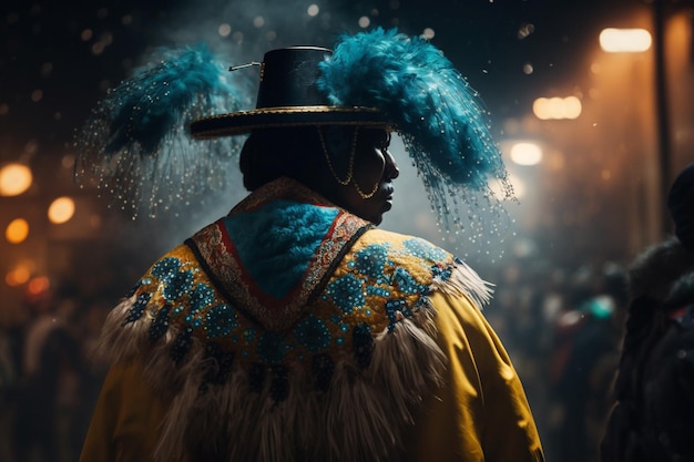 Festival colombiano mascara roupas locais autênticas botas grandes cores brilhantes rostos cortados carnaval IA generativa
