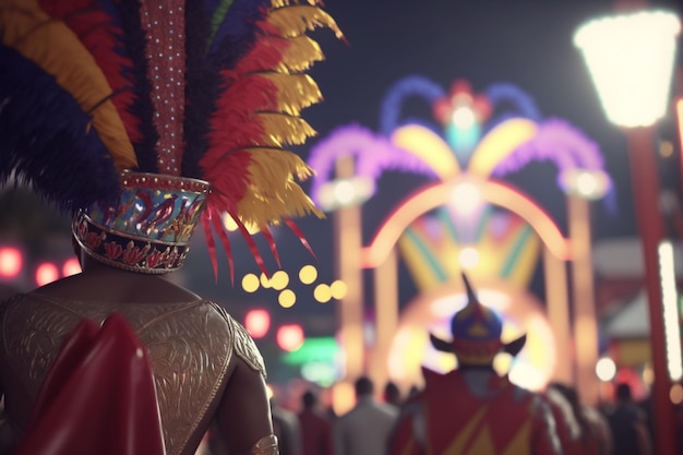 Festival colombiano máscaras auténticos atuendos locales botas grandes colores brillantes caras acuchilladas carnaval IA generativa