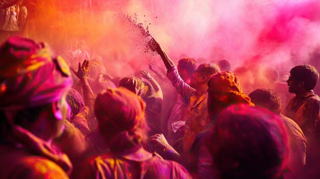 un festival colorido con gente vestida con ropa colorida y colores rosa y morado.