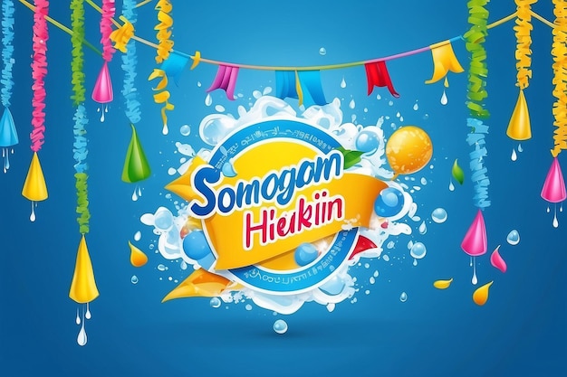 Festival da Água de Songkran Tailândia bandeira colorida gotas de água claras tradução de caracteres