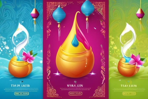 Festival da Água Songkran Tailândia Feliz ano novo Tailândia horário de verão cartaz flyer três