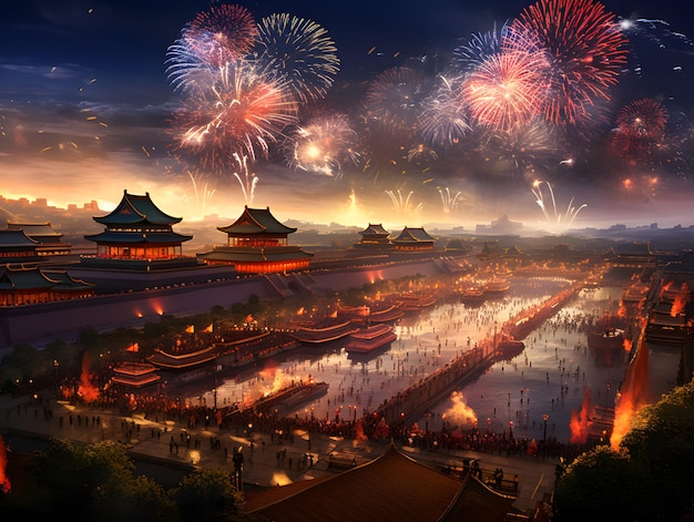 Festival de Ano Novo Chinês e fogos de artifício sobre a Cidade Proibida em Pequim, China