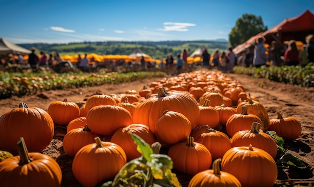 Festival de colheita na fazenda Abóboras laranjas no mercado de agricultores ao ar livre ou no parque de abóboras Pessoas se divertindo no Halloween ou no Dia de Ação de Graças