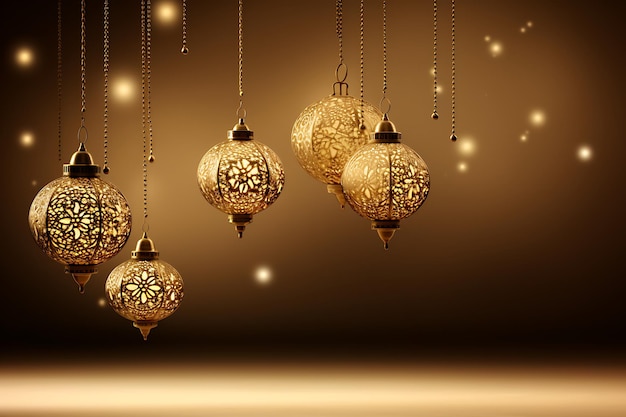 Festival de Eid Mubarak crescente dourado lua e lanternas fundo