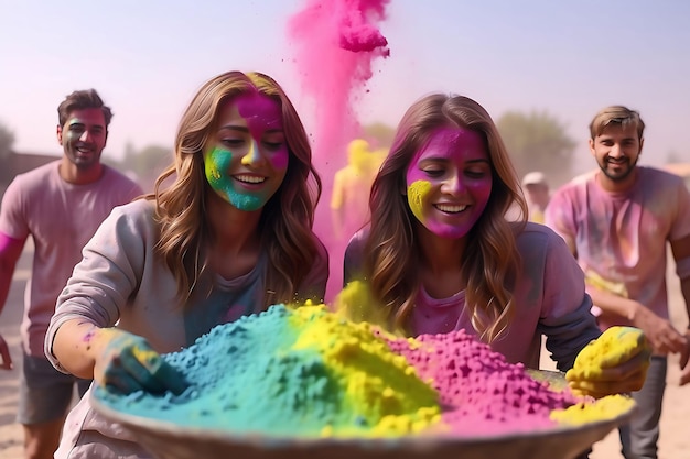 Foto festival de holi em celebração homens mulher bebê juntos arco-íris colorido