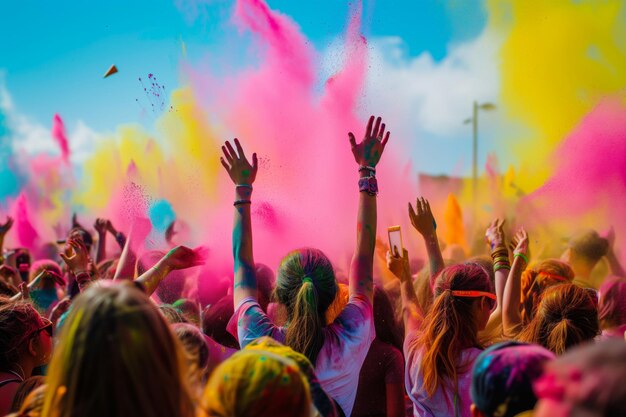 Foto festival de holi muitas pessoas felizes cores vivas