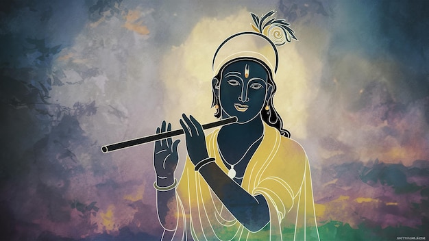Festival de Janmashtami com o Senhor Krishna tocando flauta ilustração de fundo