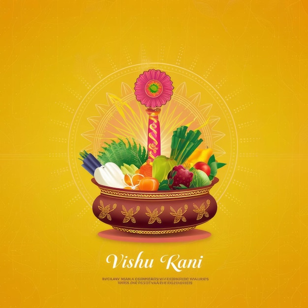 Foto festival de kerala com vishu kani vishu flores frutas e legumes em um recipiente