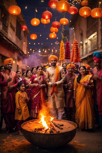 Festival de Lohri com pessoas indianas rindo e dançando em torno de uma grande fogueira