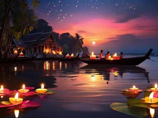 Festival de Loy Krathong com velas coloridas