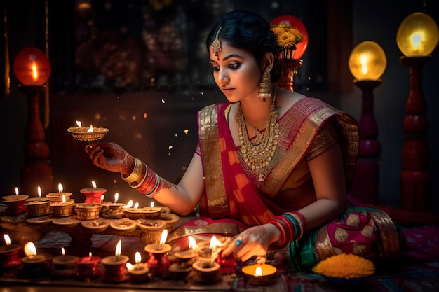 Festival de luzes de Diwali com trajes e decorações tradicionais Generative AI