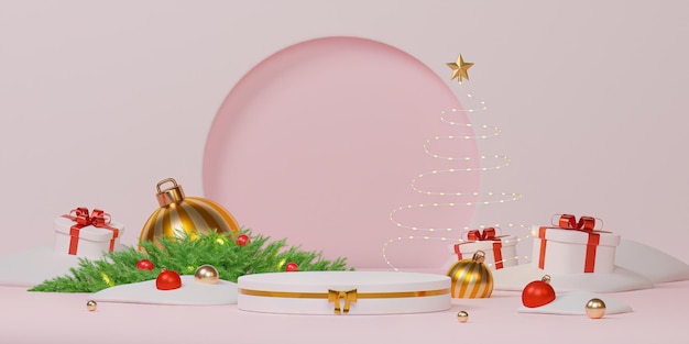 Festival de Natal e Ano Novo com estúdio de pódio redondo realista com suporte para mostrar vitrine de palco de produto em ilustração de renderização 3d de fundo rosa