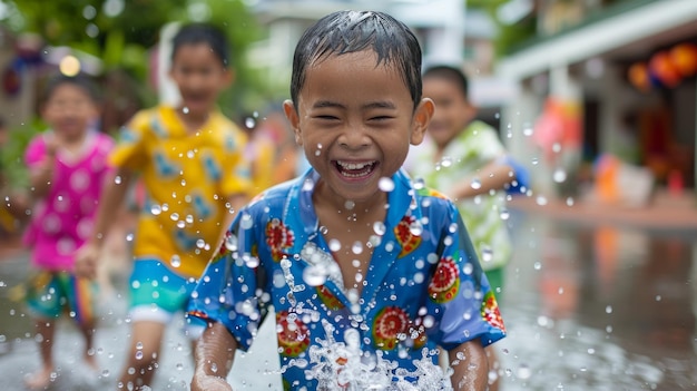 Festival de Songkran crianças asiáticas felizes estão vestindo camisas coloridas e salpicando água uns aos outros