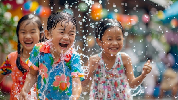 Festival de Songkran crianças asiáticas felizes estão vestindo camisas coloridas e salpicando água uns aos outros