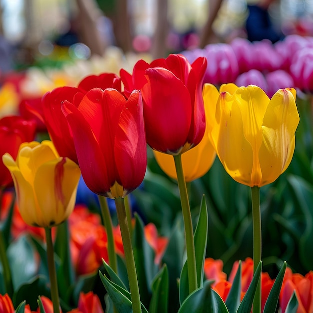 Festival de Tulipas Coloridas nos Jardins de Keukenhof Um campo vibrante de tulipas vermelhas, amarelas e rosas