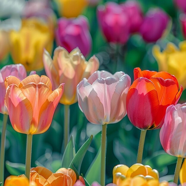 Festival de Tulipas Coloridas nos Jardins Keukenhof Campo vibrante de tulipas com folhas verdes