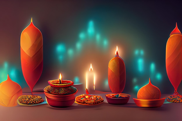 Festival del día de Diwali Fondo de linternas de Diwali con velas y luces borrosas
